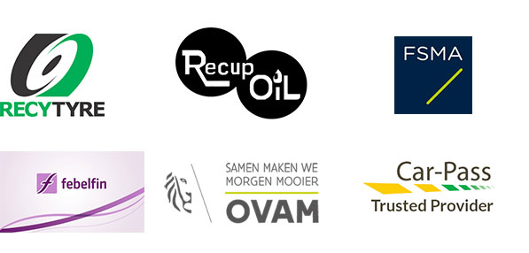 Keurmerken en lidmaatschappen: RECYTYRE, Recup Oil, FSMA, Febelfin, OVAM, Car-Pass
